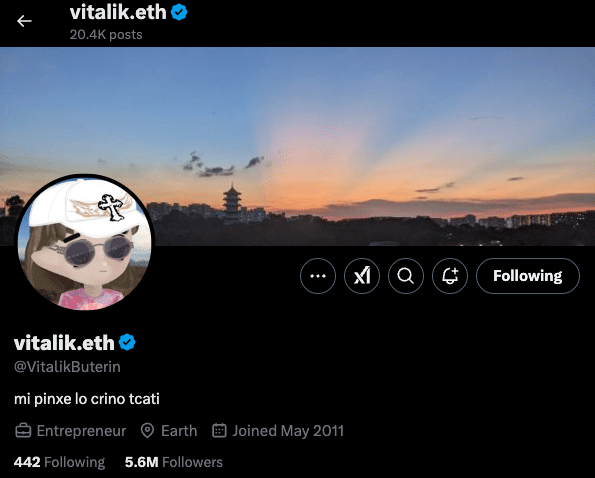 Screenshot of Vitalik's profile on X.